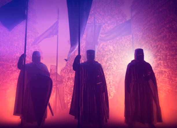 Crusader knights in column advancing in the night in a forest. Middle Ages. Templars Crusader knights in column advancing in the night in a forest. Middle Ages, weapons and swords. Wars. Templars. Banners waving. 3d rendering knights templar stock pictures, royalty-free photos & images