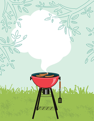 Retro style backyard barbecue scene with man. There is space for text. Ideal for a template or summer party invitation.