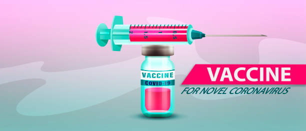 istock COVID-19 coronavirus vaccine with coronaviruses in cartoon style on colored background. Creative poster or flyer. 1350672174