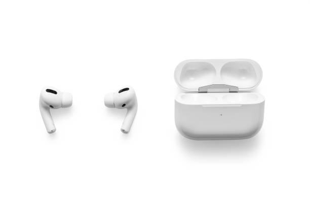 Apple AirPods Pro on white background, incuding clipping path. Wireless headphones and charging case Belgrade, Serbia - January 2021. Apple AirPods Pro on white background, incuding clipping path. Wireless headphones and charging case in ear headphones stock pictures, royalty-free photos & images