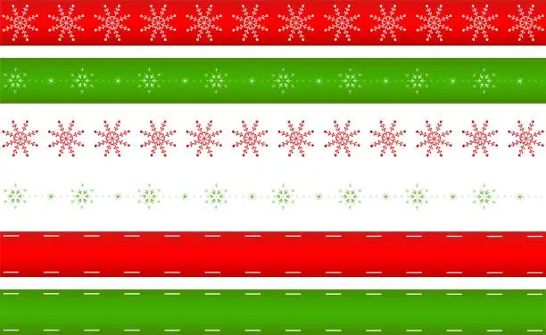 Vector illustration of Vector set of Christmas ribbons, borders, ribbons with snowflakes in green, red and white. Template for collages, jewelry, wishes, greeting cards, home accessories, etc