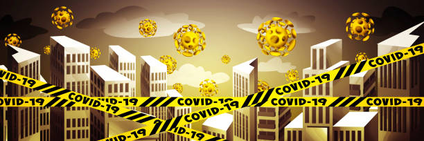 istock Stop COVID-19! Big city with coronaviruses in cartoon style on a colored background. Creative poster or flyer. 1350673028