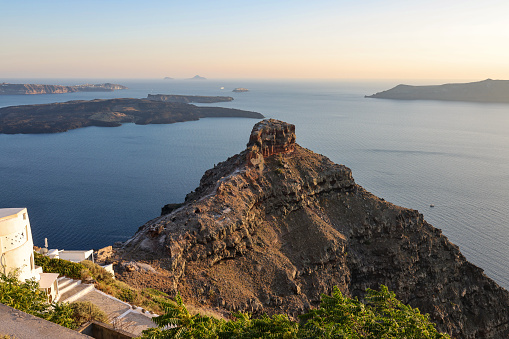 The beautiful caldera and Skaros rock view from Imerovigli terrace on Santorini, Greece