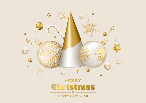 Merry Christmas and Happy New Year background. White and gold 3d objects. Christmas tree, balls and gold decor. Vector illustration.