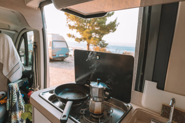 istock Coffee on stoves in motorhome overlooking ocean 1350675498