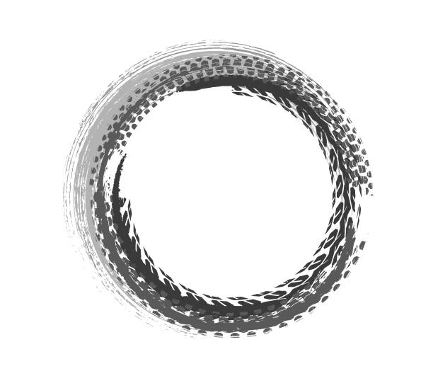 Tire tracks print circular-shaped texture. Automotive grunge round banner. Tire tracks print circular-shaped texture. Automotive grunge round banner. Off-road skid marks template. Editable vector illustration. Graphic image in black, red colour isolated on a white background fatigue stock illustrations