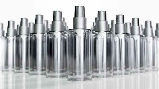 istock Instant antiseptic hand sanitizer mist spray, antibacterial alcohol liquid. One transparent plastic bottle with atomizer pump isolated on white background, studio shot. 3d render 1350675687