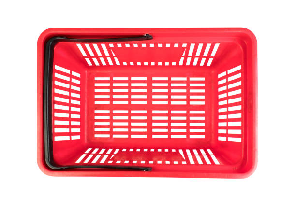 istock Empty red plastic shopping basket isolated on white background. Top view. 1350676891