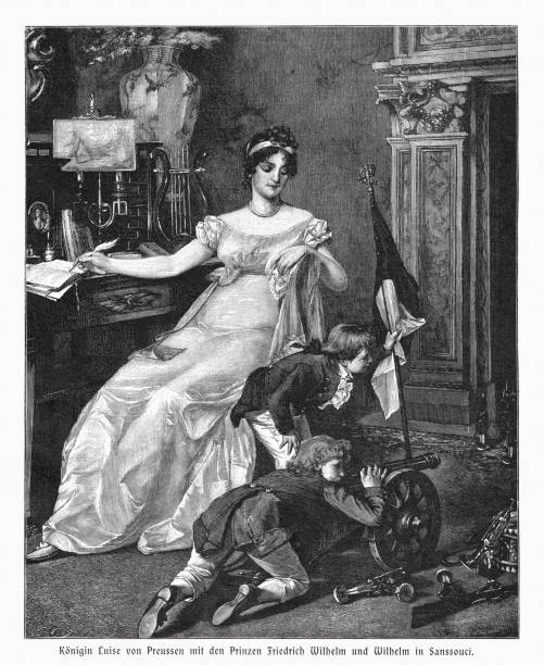 Queen Louise of Prussia (Louise of Mecklenburg-Strelitz, 1776 - 1810) with sons Frederick William (Frederick William IV of Prussia) and William (William I, German Emperor) in Sanssouci Palace. Wood engraving, published in 1900.