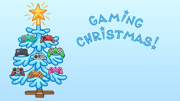 ilustraciones, imágenes clip art, dibujos animados e iconos de stock de el árbol de navidad está decorado con coloridos gamepads. - vector gamepad greeting card color image
