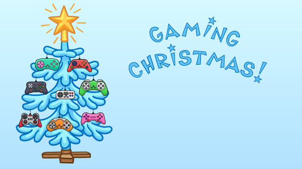 illustrations, cliparts, dessins animés et icônes de le sapin de noël est décoré de manettes de jeu colorées. - vector gamepad greeting card color image