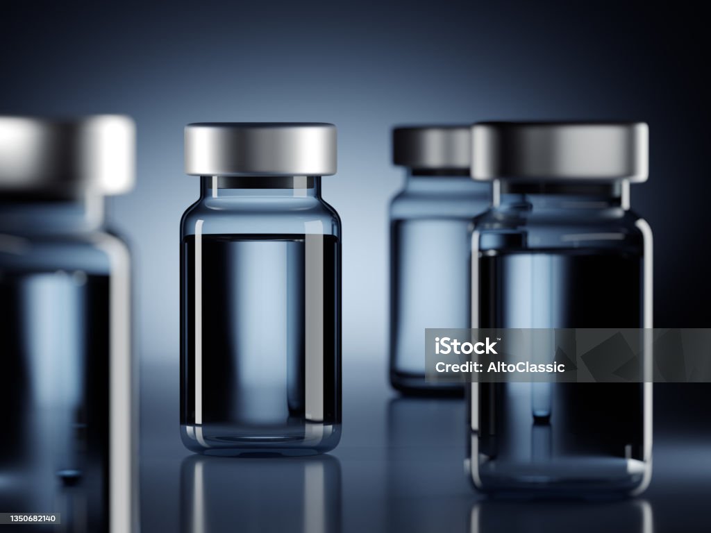 Vials with vaccine for injection Vials with vaccine for injection on a glass blue background. 3D render Vial Stock Photo