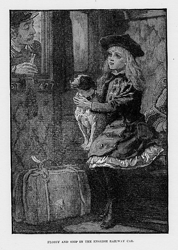 Train Conductor talks to pretty girl with a dog and luggage in a British railway car. History. Illustration published 1899. Source: Original edition is from my own archives. Copyright has expired and is in Public Domain.