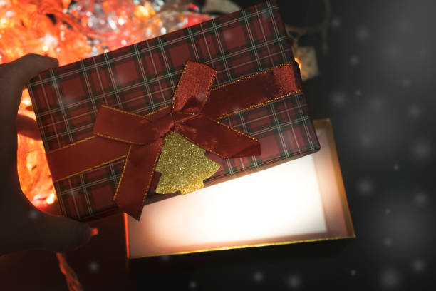 istock A rectangular gift box with a red bow and a Scottish cage. A gift for Christmas in a beautiful package. Christmas Tree garland 1350685554