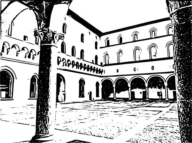 The courtyard of a mediaeval building in 
sforza castle. Milano. Italy View on the courtyard of a huge medieval renaissance building, with its arches, posts, and windows at the Sforza Castle in Milano. Italy cloister stock illustrations