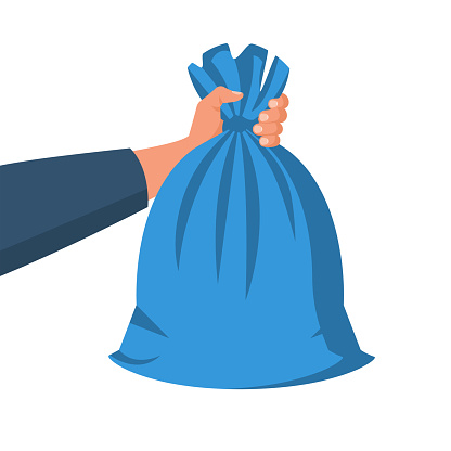 Garbage bag holding in hand. Man throwing trash bags. Vector illustration flat design. Isolated on white background. Trash can with recycle icon.