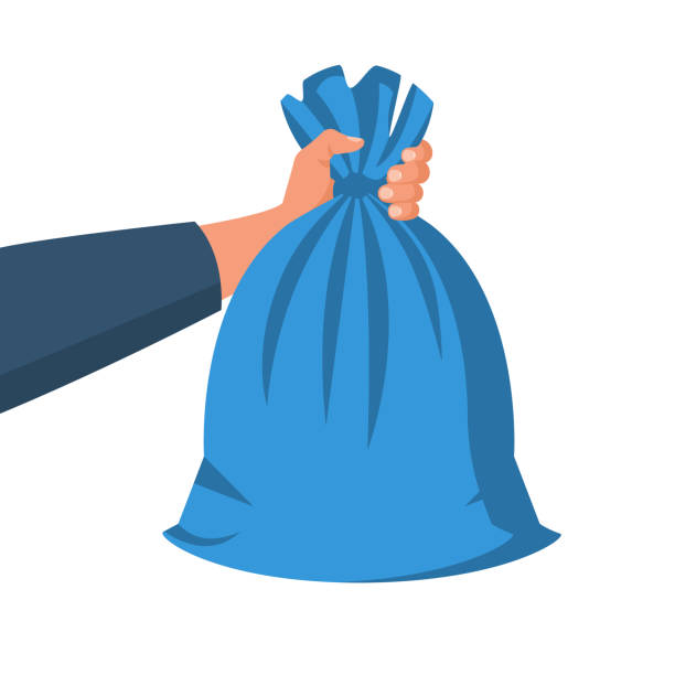 Garbage bag holding in hand vector flat Garbage bag holding in hand. Man throwing trash bags. Vector illustration flat design. Isolated on white background. Trash can with recycle icon. bin bag stock illustrations