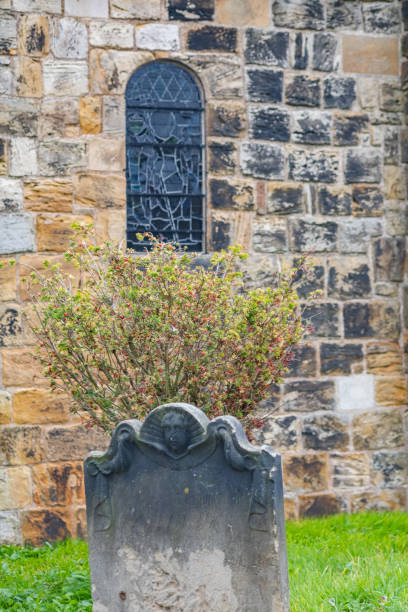 istock Ancient and ornate headstone in a graveyard 1350692471