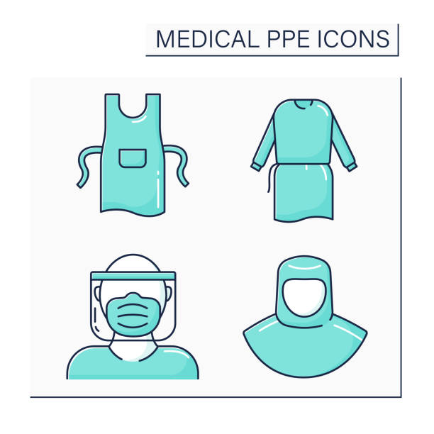 Medical PPE color icons set Medical PPE color icons set. Full protection, apron, face shield, isolation gown. Barrier between person and germs. Health protections concept. Isolated vector illustrations evening gown stock illustrations