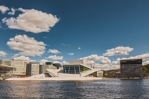 Norway, Oslo,  Bjorvika (Bjørvika), Opera House (Operahuset Oslo) Munch, New Oslo Public Library, (Deichman), Modern, arcitectual and cultural landmarks. Photograph taken on the 29th of May 2019