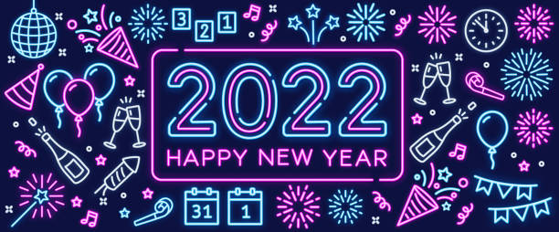 Happy new year 2022 with neon text and icons. vector art illustration
