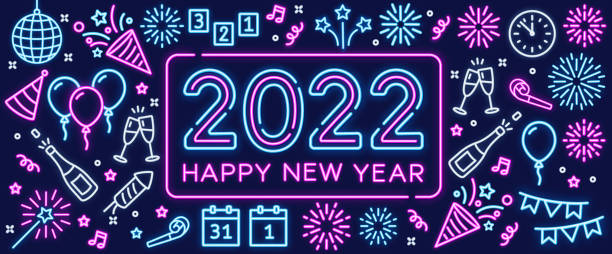 happy new year 2022 with neon text and icons. - 霓虹燈 插圖 幅插畫檔、美工圖案、卡通及圖標