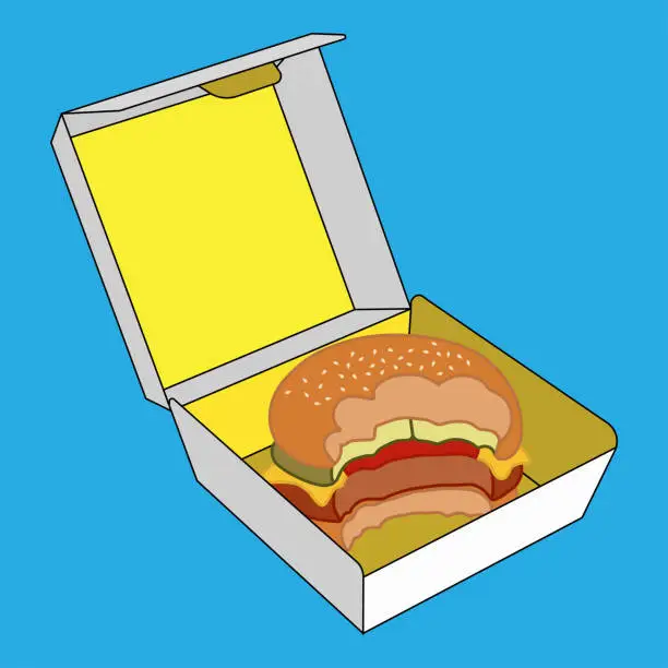 Vector illustration of Vector illustration of a bitten hamburger in a box filled with boiled meat and cheese, business and restaurant themes suitable for food advertising