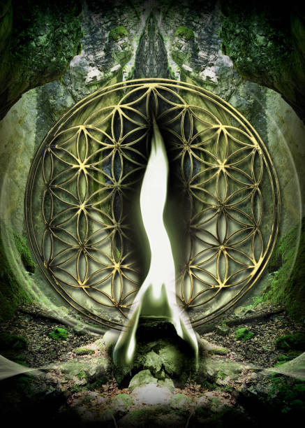 Poster, Wallpaper with Flower Of Life and Green Flame of Archangel Raphael in beautiful mystical forest landscape. stock photo