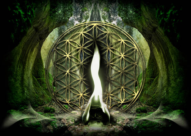 Poster, Wallpaper with Flower Of Life and Green Flame of Archangel Raphael in beautiful mystical forest landscape. stock photo