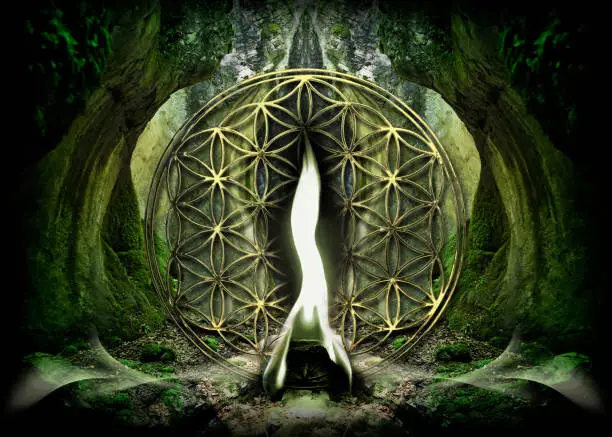 Photo of Poster, Wallpaper with Flower Of Life and Green Flame of Archangel Raphael in beautiful mystical forest landscape.