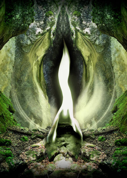 Poster Green Flame of Archangel Raphael in beautiful mystical forest landscape. stock photo