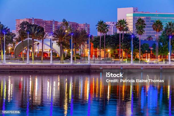 Long Beach Skyline And Harbor Water Glows In Evening Light Stock Photo - Download Image Now