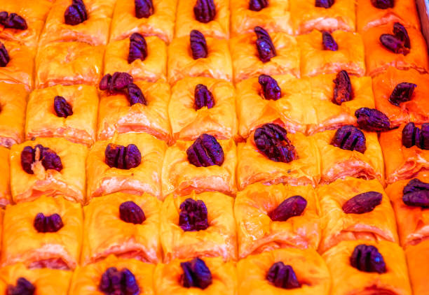 Traditional sweets exposed for sale at open market in Tel Aviv.