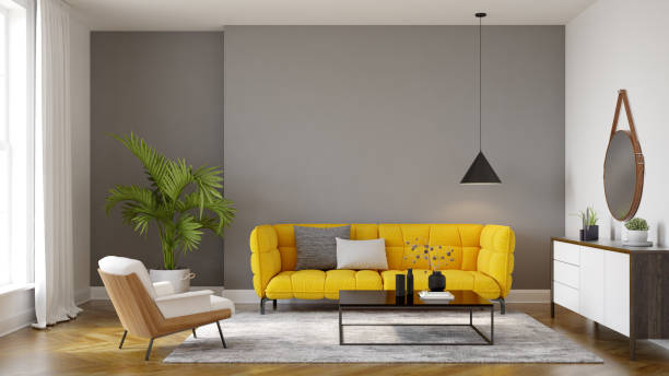 istock Minimalist Interior of modern living room 3D rendering 1350703923