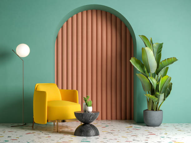 Memphis style conceptual interior room 3d illustration