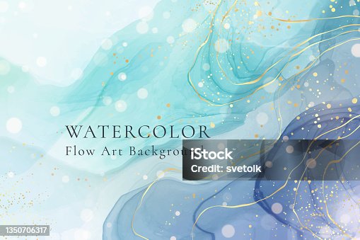 istock Violet cyan blue liquid watercolor background with golden stains. Teal mauve grey marble alcohol ink drawing effect. Vector illustration design template for wedding invitation, menu, rsvp 1350706317