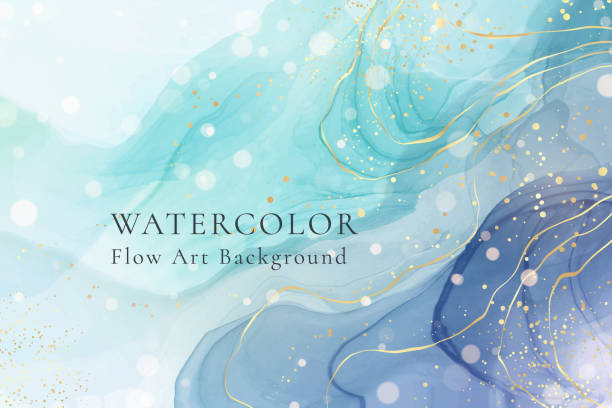 violet cyan blue liquid watercolor background with golden stains. teal mauve grey marble alcohol ink drawing effect. vector illustration design template for wedding invitation, menu, rsvp - 海 圖片 幅插畫檔、美工圖案、卡通及圖標
