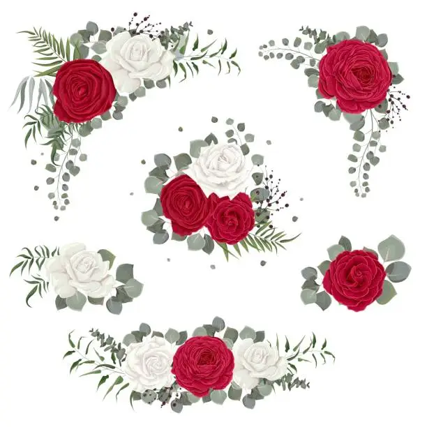 Vector illustration of Vector set with red roses and various plants