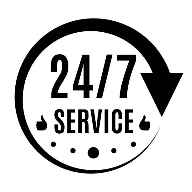 Vector illustration of 24 7 service icon, logo, sign, symbol. Black arrow isolated on white background. Open 24h hours a day and 7 days a week. Vector illustration