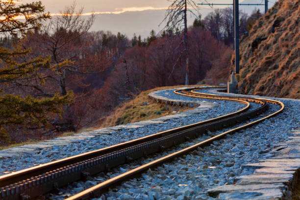 mountain landscape with the rack tracks of train of mount generoso, switzerland. - rack railway imagens e fotografias de stock