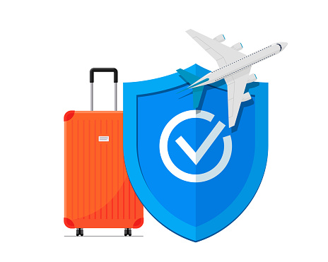 Travel insurance banner concept. Red traveling luggage suitcase and airplane trip protect by red shield with check mark. Plane flight safety symbol. Aircraft journey risk protection. Vector eps