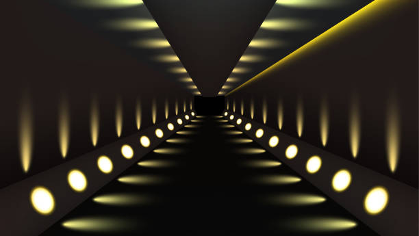 Abstract futuristic corridor tunnel background with light effect. Optical illusion design Abstract futuristic corridor tunnel background with light effect. Optical illusion, spaceship science fiction rocket launching runway or teleport illuminating fluorescent neon light. Vector illustration catwalk stage stock illustrations