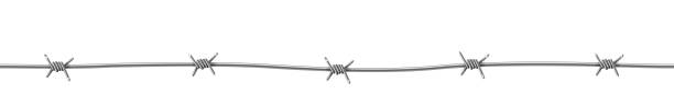 istock Barbed wire of prison fence seamless pattern. Steel fencing wire chain with sharp edges 1350714179