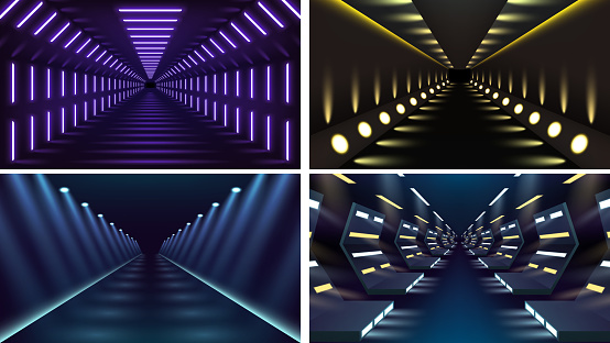 Endless tunnel optical illusion, corridor, science fiction rocket launching runway teleport illuminating fluorescent neon light. Abstract futuristic background with light effect. Vector illustration
