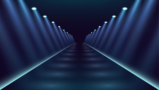 Neon tunnel light corridor. Endless optical illusion portal. Glowing lines virtual reality pathway. Science futuristic background. Abstract laser show light effect. Vector illustration