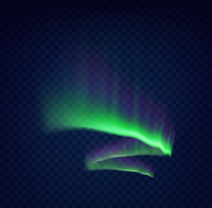 Green northern polar lights glow. Arctic aurora borealis, natural phenomena, amazing glowing wavy illumination on night sky. Realistic 3d vector illustration