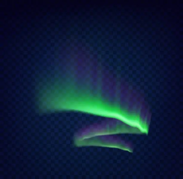 Vector illustration of Green northern polar lights glow. Arctic aurora borealis, amazing glowing wavy illumination