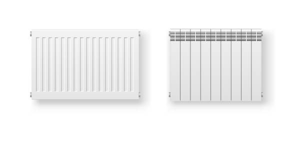 stockillustraties, clipart, cartoons en iconen met central heating radiator panels for indoor heating system. realistic white thermostat devices - central heating