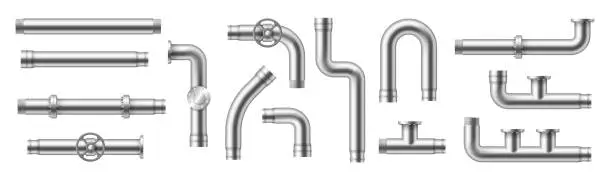 Vector illustration of Stainless steel, metallic pipes, plumbing fittings. Water, fuel or gas supply system, oil pipeline