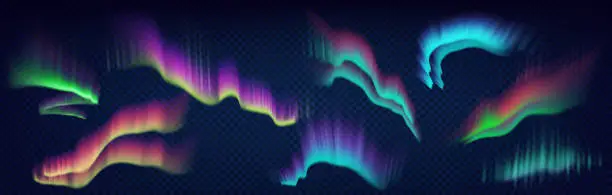 Vector illustration of Arctic aurora borealis, polar lights, northern natural phenomena isolated on dark background